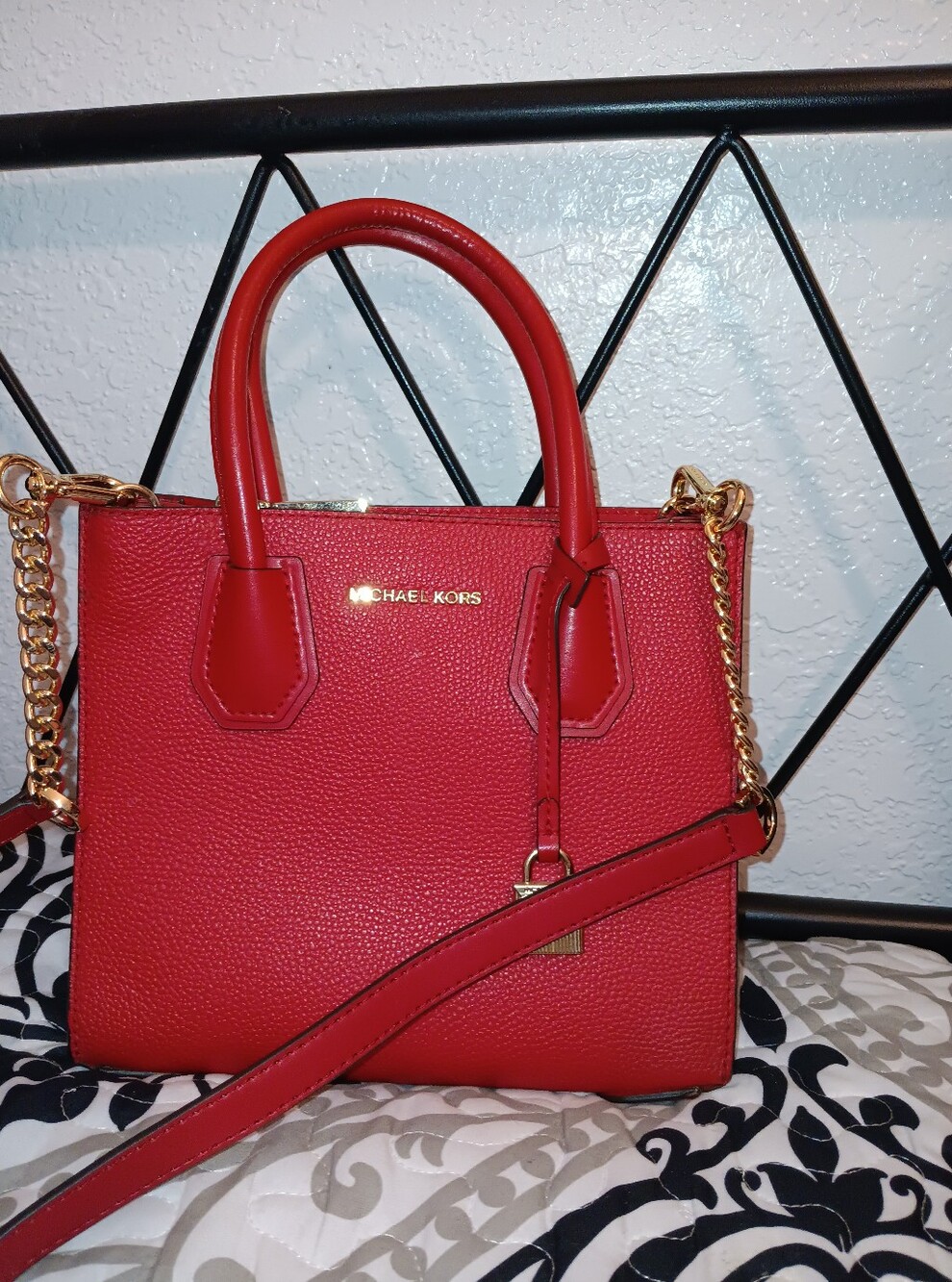 Michael Kors Small Red Leather Tote/Crossbody with Gold Padlock Charm